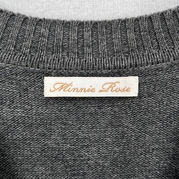 MINNIE ROSE Sweater Women S Gray Merino V-neck Long Sleeve Leather Elbow Patch - Picture 8 of 12